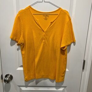 Coral Bay Petite Mustard Yellow Waffle Knit V Neck Henley Top PM